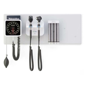 Welch Allyn 77716 Diagnostic Wall System - LED Coaxial Ophthalmoscope; MacroView Basic LED Otoscope; Ear Specula Dispenser and 767 Aneroid Sphygmomanometer