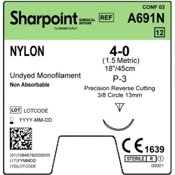 Sharpoint Nylon 4-0 13mm Precision Reverse Cutting 45cm P-3 Undyed