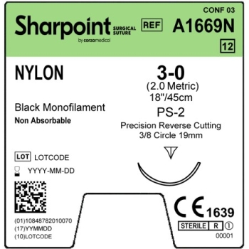 Sharpoint Nylon 3-0 19mm Reverse Cutting 45cm PS-2 Black