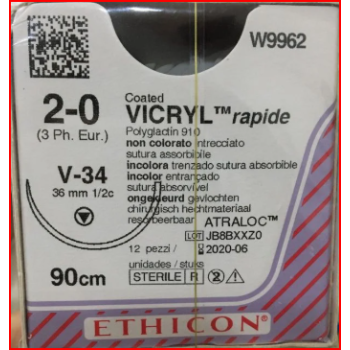 Vicryl Rapide 2-0 36mm V-34 90cm Suture Undyed