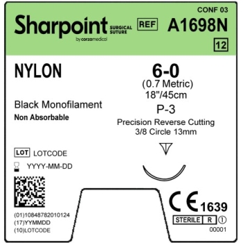 Sharpoint Nylon 6-0 13mm Precision Reverse Cutting 45cm P-3 Black