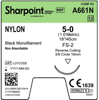 Sharpoint Nylon 5-0 19mm Reverse Cutting 45cm FS-2 Black