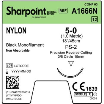 Sharpoint Nylon 5-0 19mm Precision Reverse Cutting 45cm PS-2 Black
