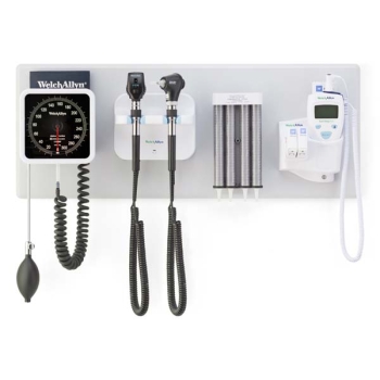 Welch Allyn 77716 Diagnostic Wall System - LED Coaxial Ophthalmoscope; MacroView Basic LED Otoscope; Ear Specula Dispenser; 767 Aneroid Sphygmomanometer and SureTemp Thermometer