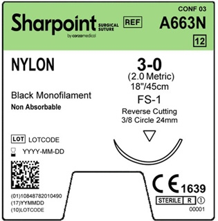 Sharpoint Nylon 3-0 24mm Reverse Cutting 45cm FS-1 Black