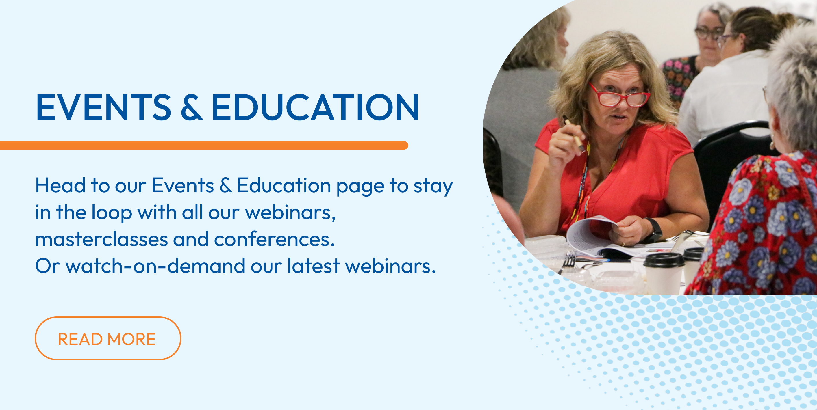 Events and Education tile. Tile text: Head to our Events & Education page to stay in the loop with all our webinars, masterclasses and conference. Or watch-on-demand our latest webinars. Read more link leading to https://www.teammed.com.au/events/